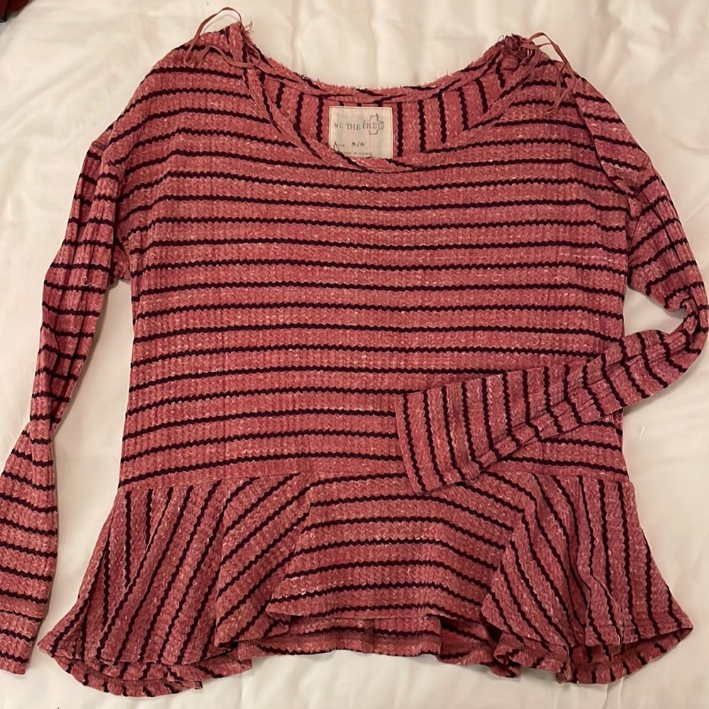 Free People Dusty Rose/Plum Stripe Peplum Long Sleeve Shirt
